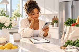 Painterly illustration of a woman checking her phone beside groceries and a shopping list in a sunlit kitchen.