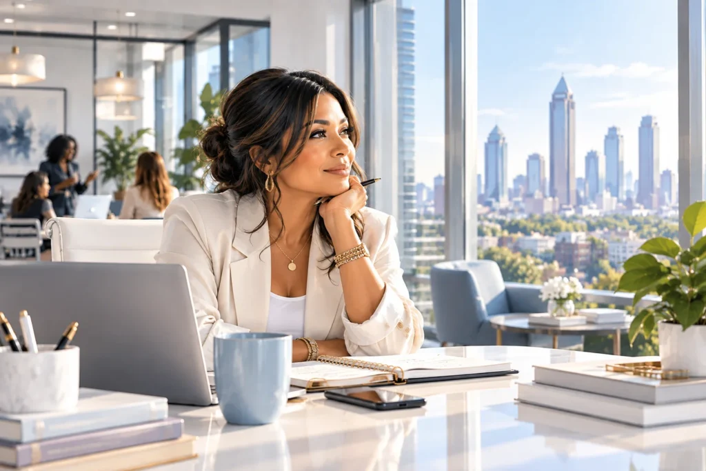Midlife woman reflecting on her next chapter at a desk overlooking the city.