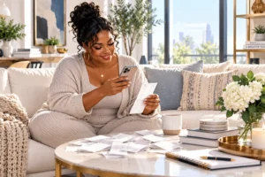Woman checking a shopping receipt while using a rewards app on her phone at home.