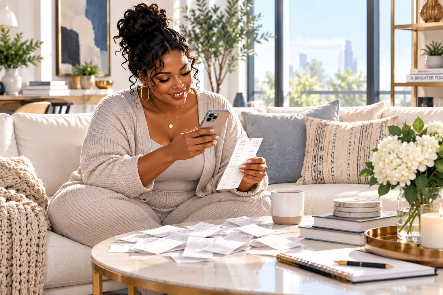 Woman checking a shopping receipt while using a rewards app on her phone at home.