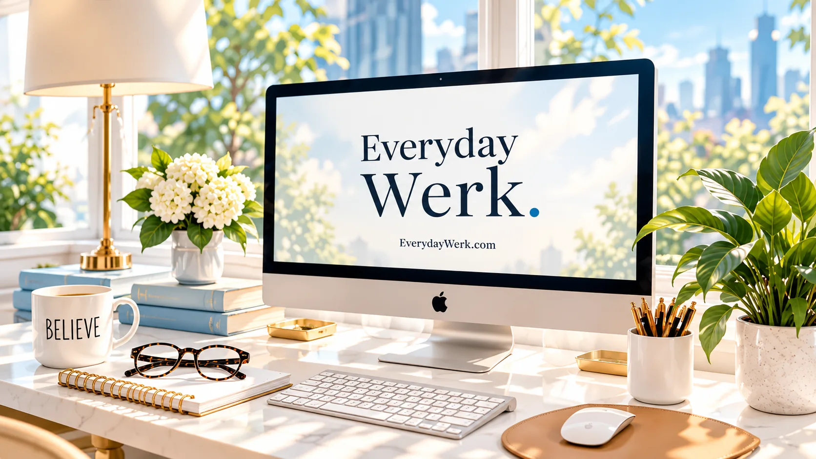 Painterly illustration of a sunlit desk with a computer screen showing the Everyday Werk logo and EverydayWerk.com, beside a Believe mug, glasses on a notebook, white hydrangeas, a gold lamp and potted plants