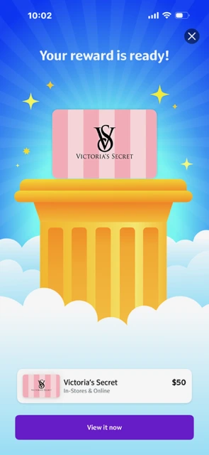 Fetch reward screen confirming a $50 Victoria's Secret gift card redemption.