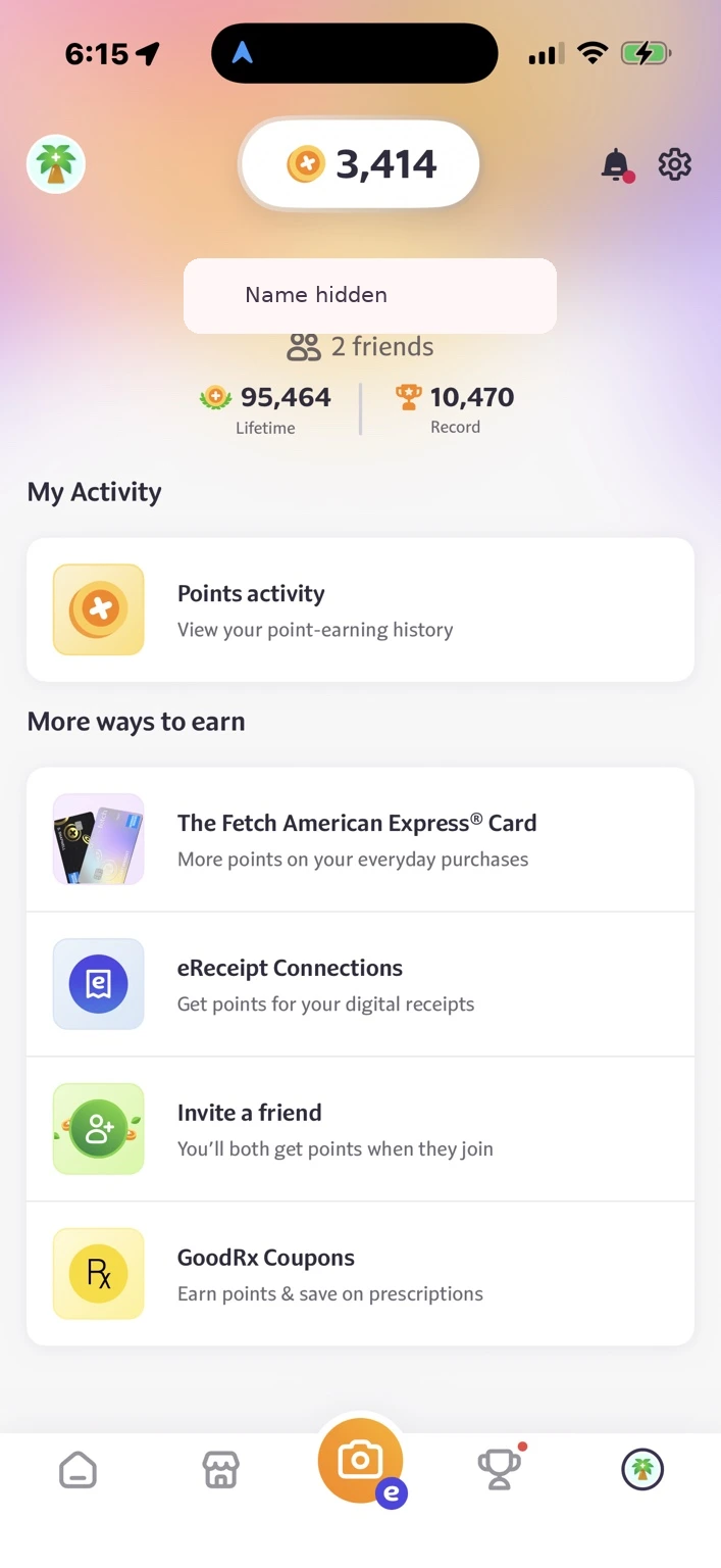 Fetch profile showing 95,464 lifetime points, a 10,470-point record and a 3,414-point balance, with the account name hidden.