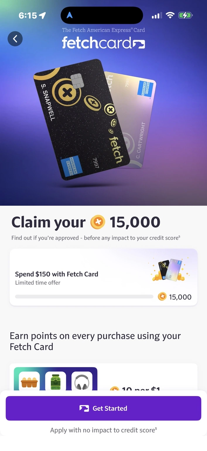 Fetch app promotion for the Fetch American Express Card showing a limited-time 15,000-point offer.