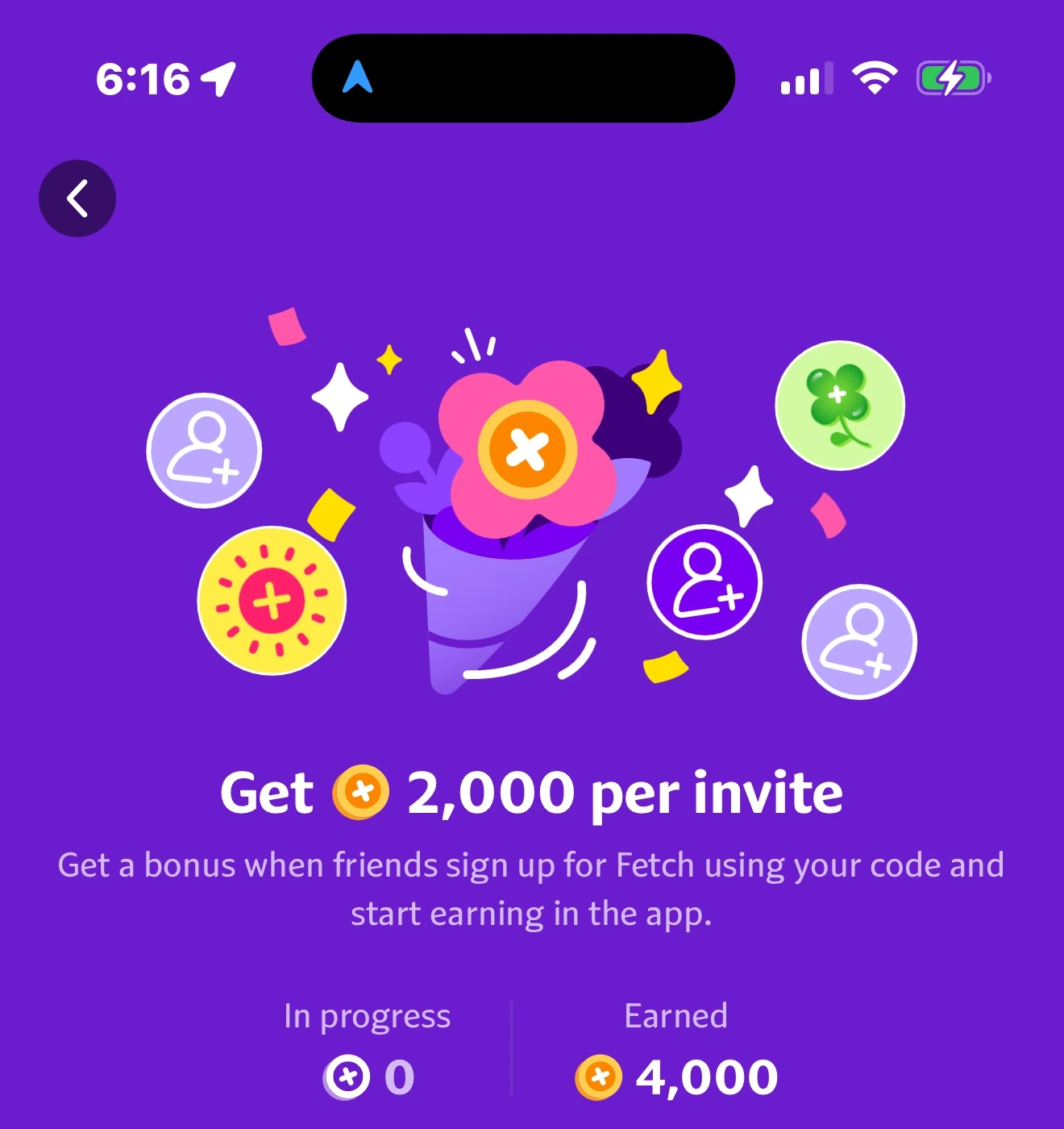 Fetch refer-a-friend screen advertising 2,000 points per qualifying invite, cropped so no invite code is shown.
