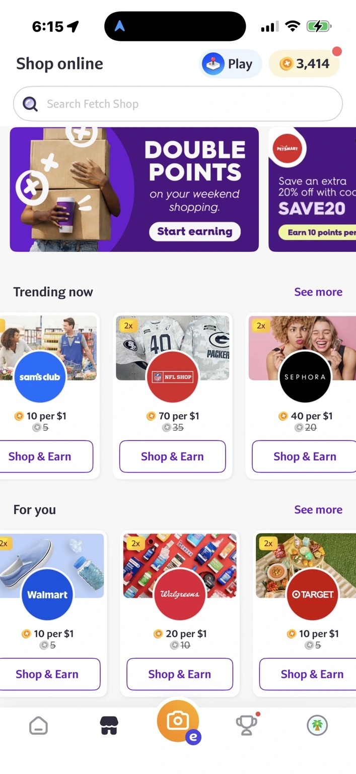 Fetch Shop screen listing online retailers with points-per-dollar rates and limited-time double-points promotions.