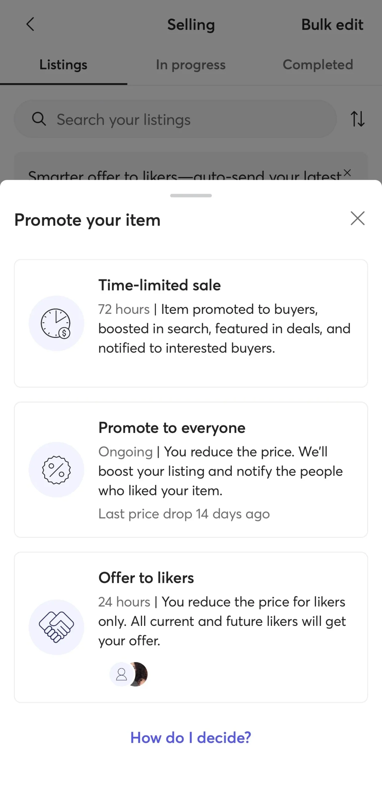 Mercari Promote Your Item screen showing three listing promotion options.