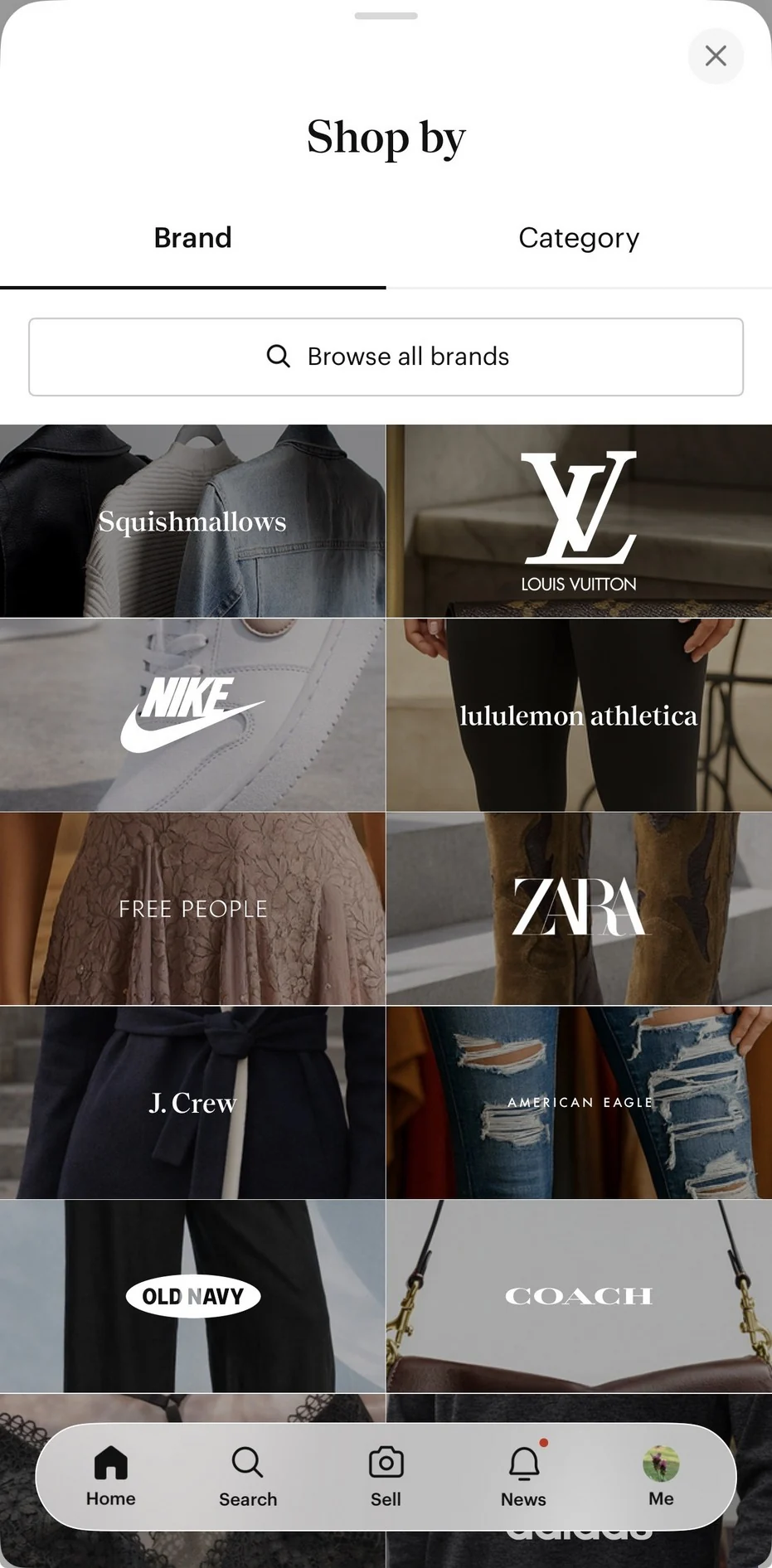 Poshmark Shop by Brand screen showing brands including Louis Vuitton, Nike, lululemon athletica, Zara, Coach and Squishmallows.