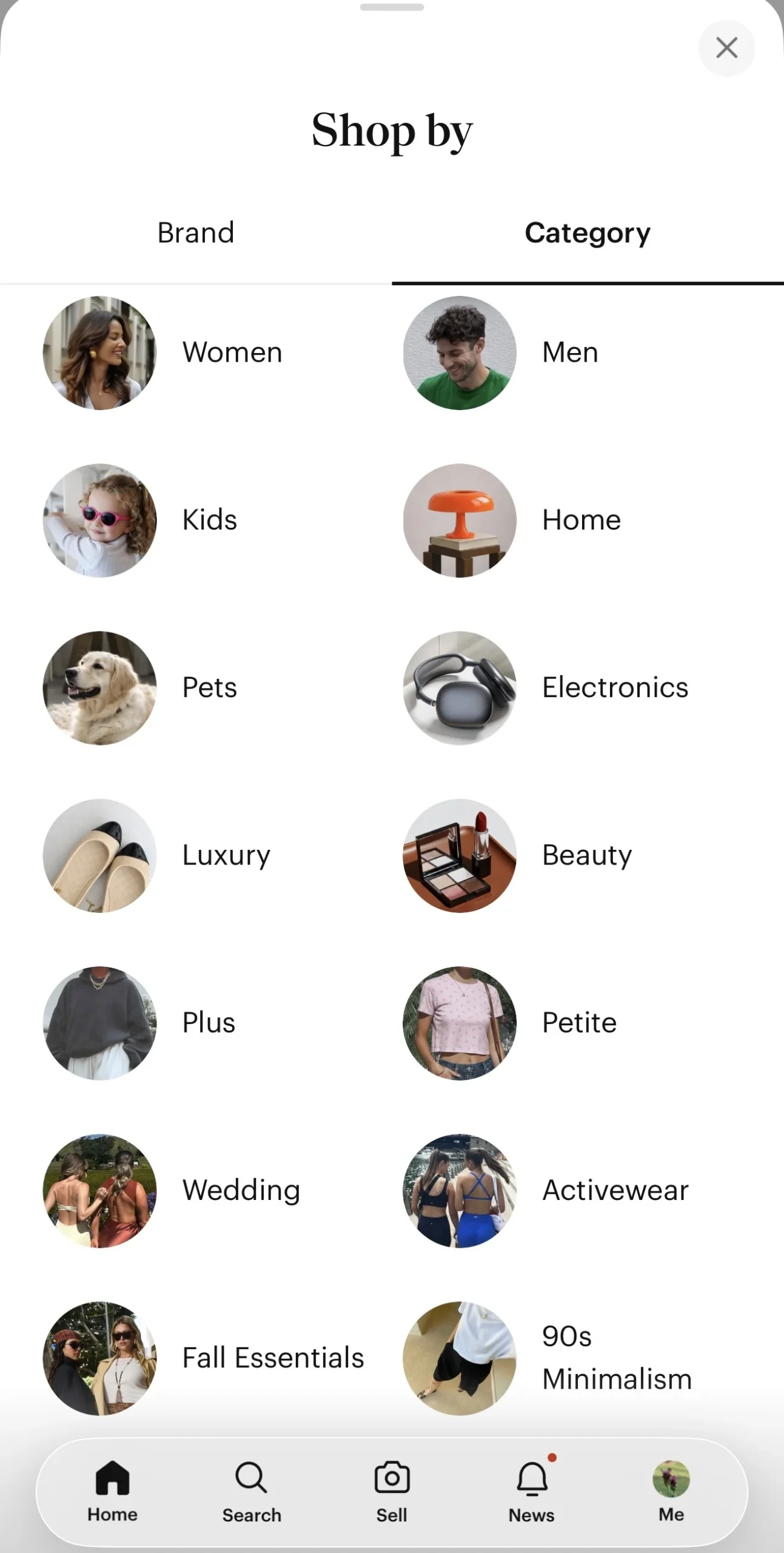 Poshmark Shop by Category screen showing categories including Women, Men, Kids, Home, Pets, Electronics, Luxury and Beauty.