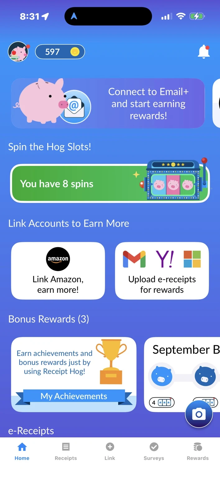 Receipt Hog home dashboard showing a 597-coin balance and eight available Hog Slots spins.