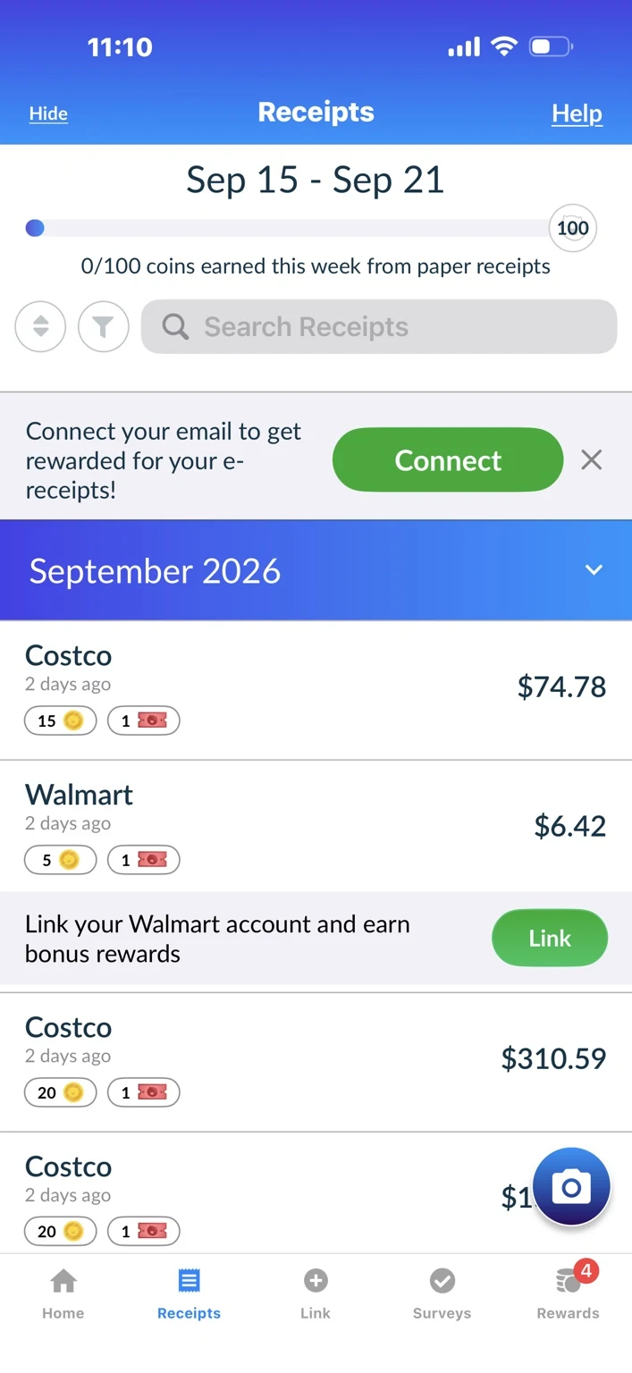 Receipt Hog receipt history for September 2026 showing Costco $74.78 earning 15 coins, Walmart $6.42 earning 5 coins and Costco $310.59 earning 20 coins, each with one sweepstakes entry.