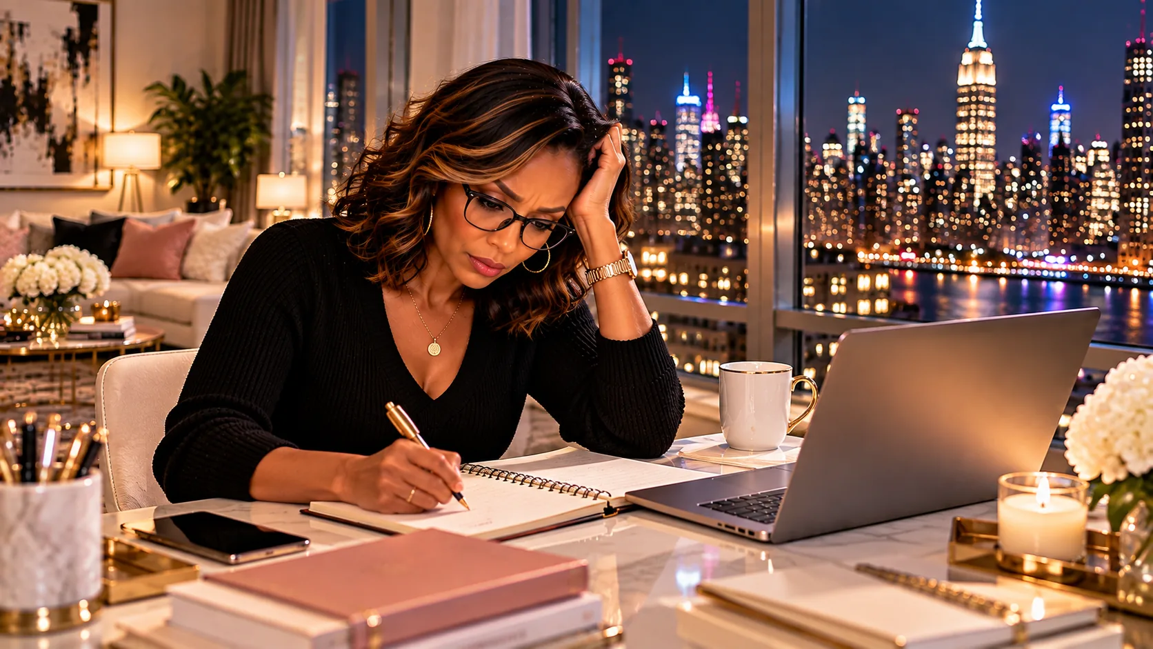 Midlife woman reviewing her finances at a desk with a laptop and notebook.