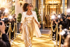 Confident midlife woman walking a gold carpet surrounded by photographers.