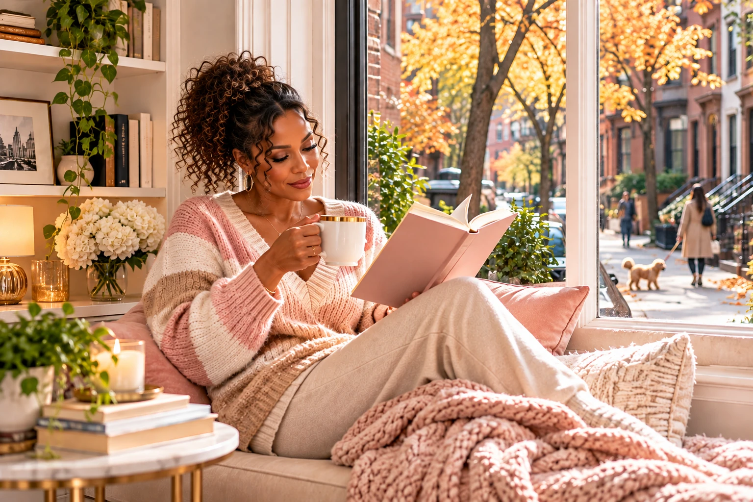 Woman reading by a sunny window, reflecting on books for navigating life's next chapter.