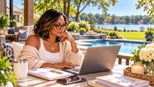 Midlife woman reviewing her finances on a laptop with a notebook.