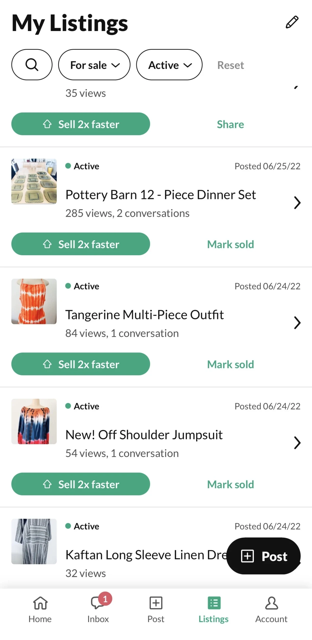 OfferUp My Listings screen showing active dinnerware and clothing listings with view and conversation counts.