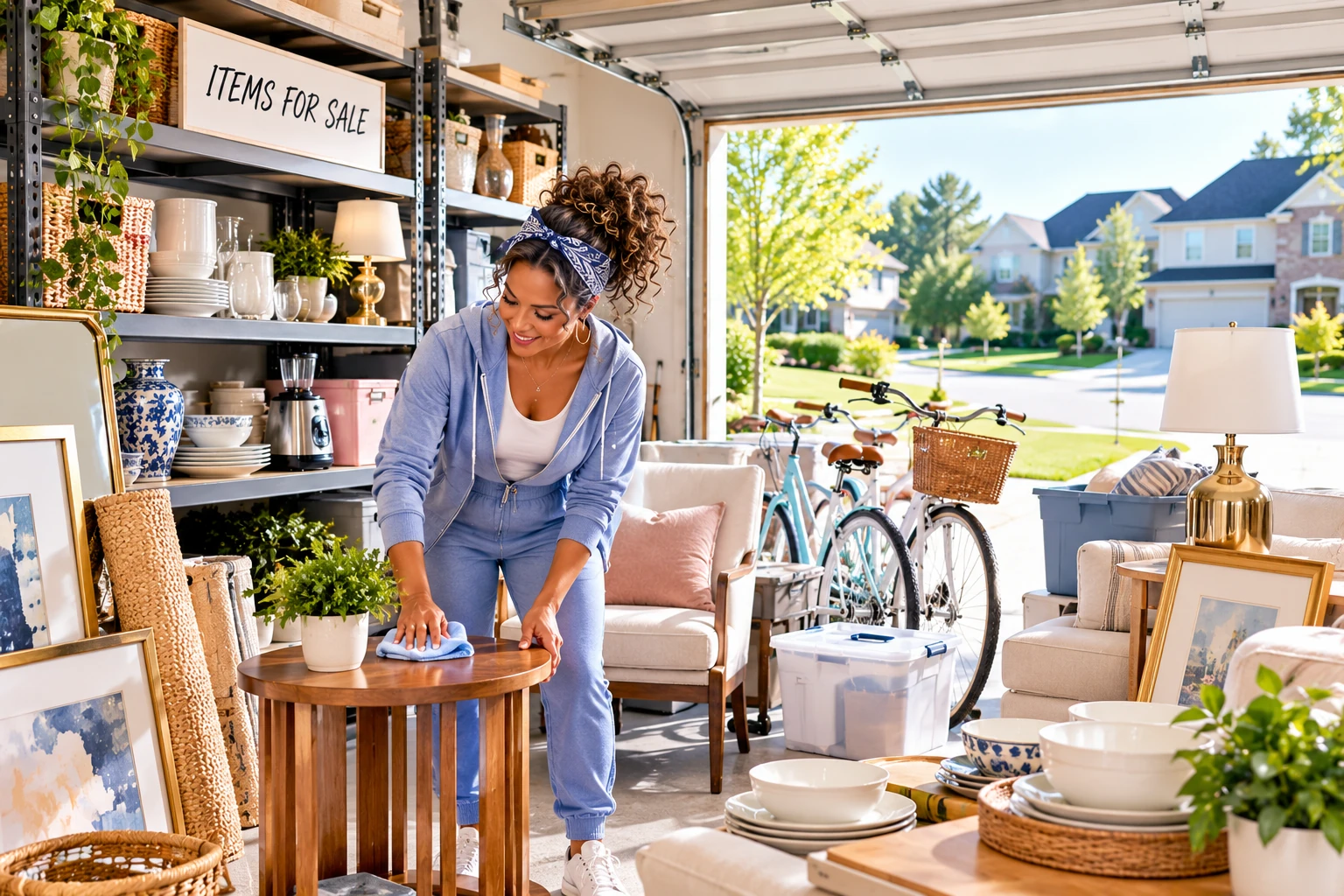 OfferUp review hero Woman preparing furniture, household goods and other items in a garage for local resale.