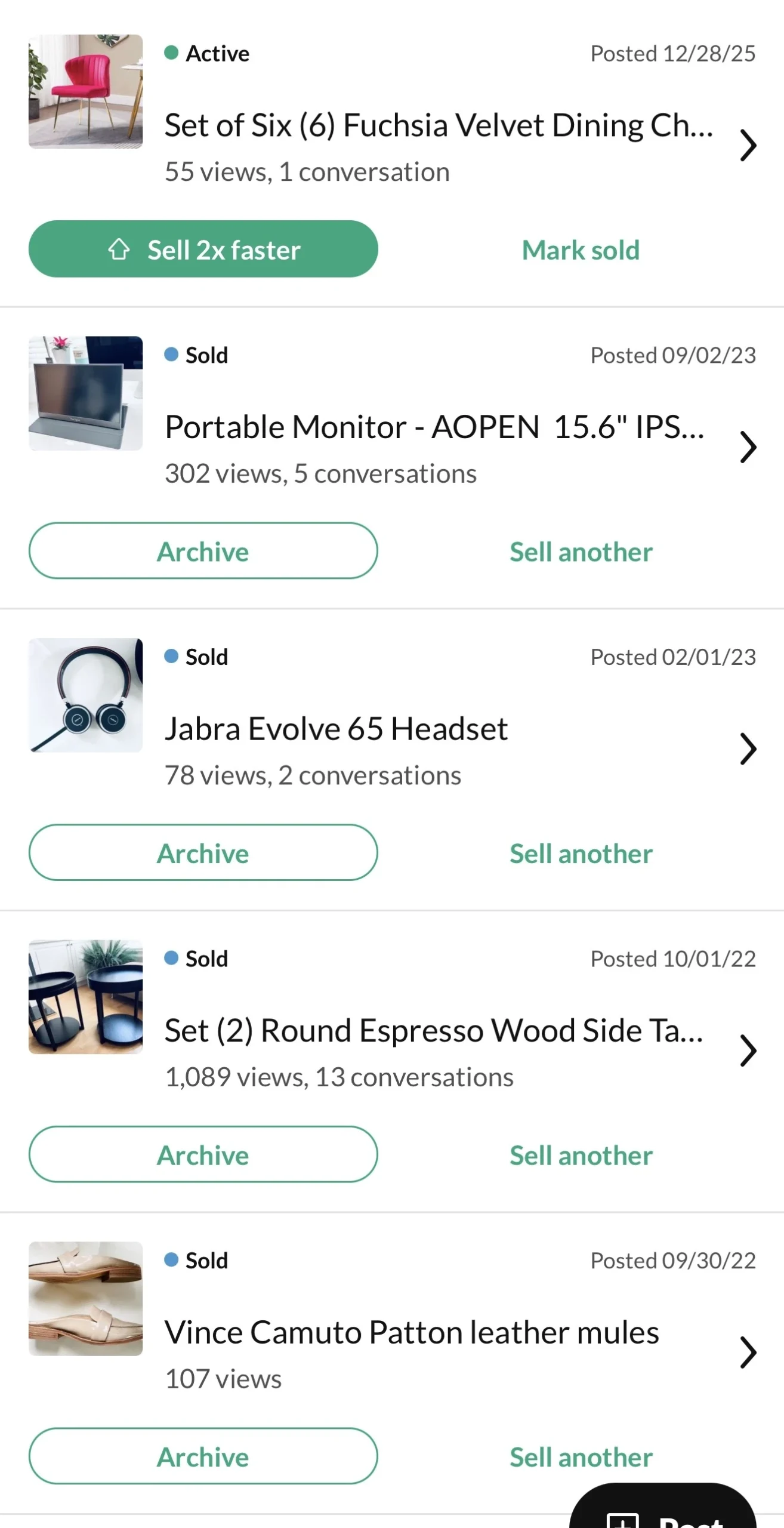 OfferUp My Listings screen showing sold electronics, shoes and round espresso side tables, with view and conversation counts.