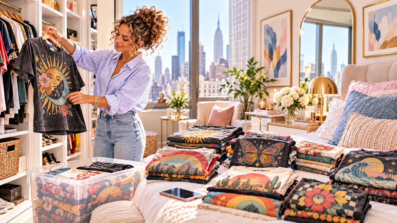 Woman sorting vintage-style graphic tees from her wardrobe to list for online resale.